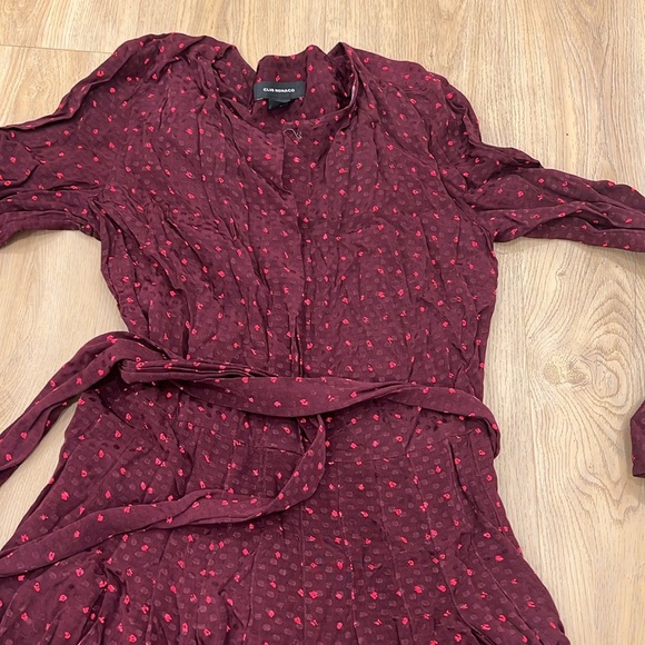 Club Monaco Dress Burgundy Belted Dots Size 4 Midi Length Flared Skirt. - Picture 6 of 6